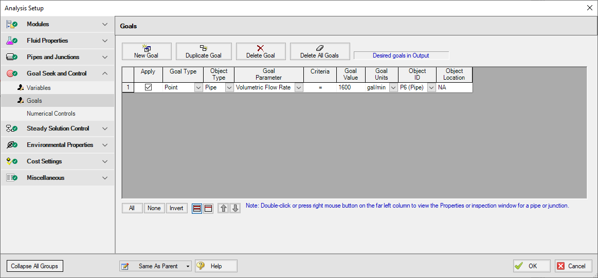 The Goals tab of the Goal Seek and Control Manager with one goal defined.